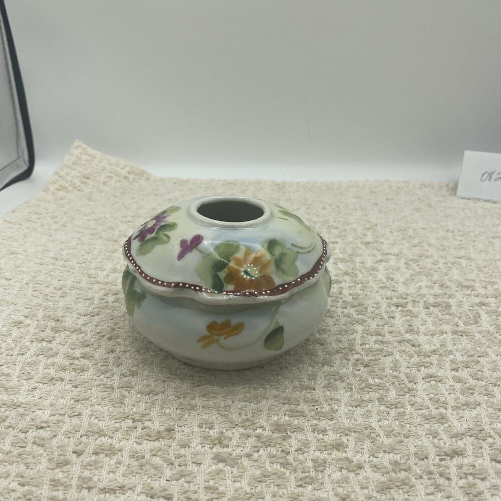 Antique Vintage Hair Receiver Hand Painted Purple /Gold/Green Floral Porcelain